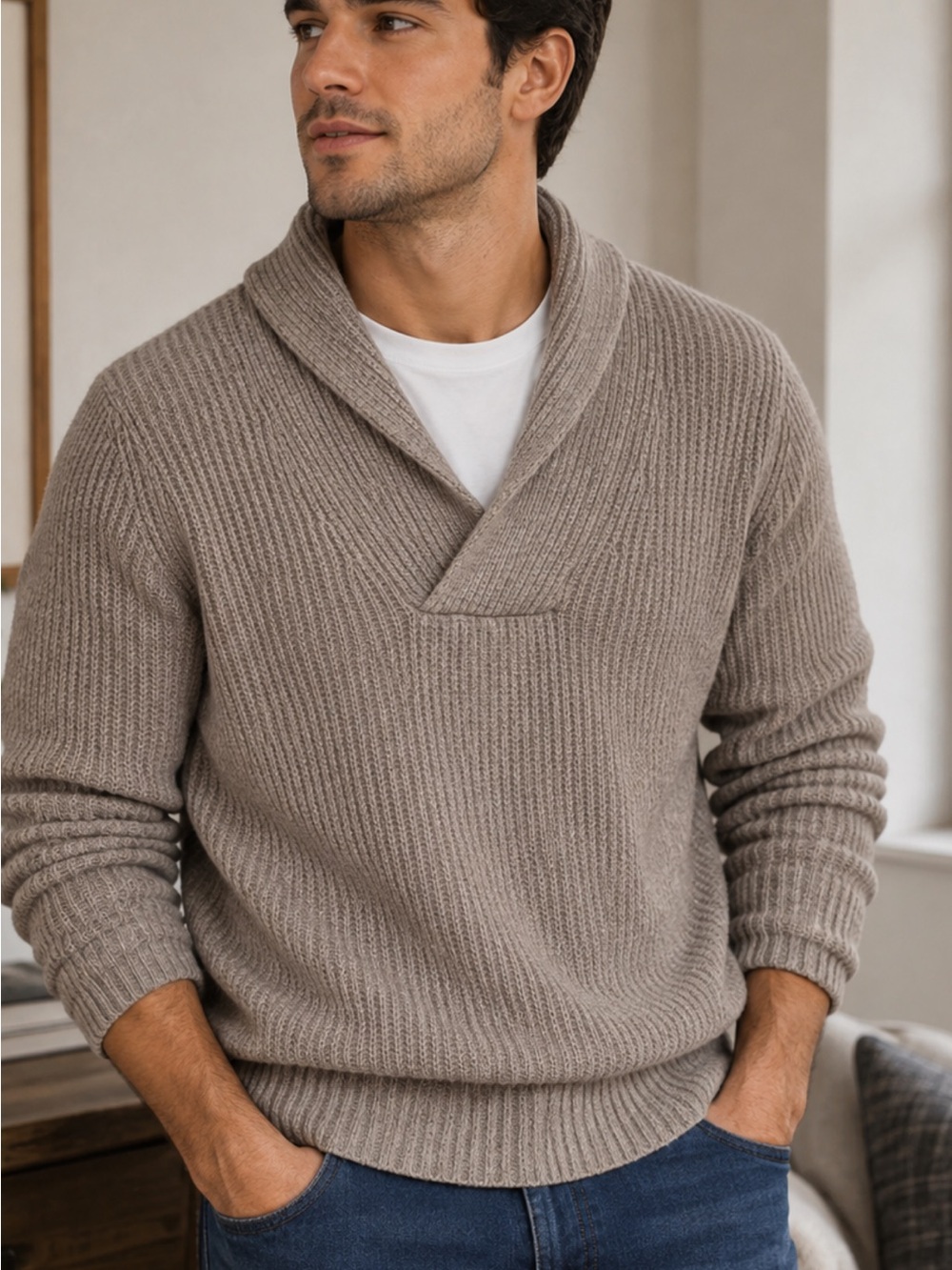 Talbots Shawl Collar Ribbed Knit Sweater - Taupe